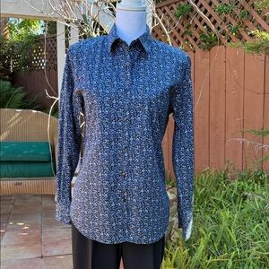 Womens Navy Floral Button-Up Long Sleeve Shirt